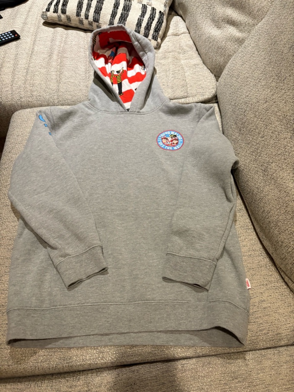 Vans Grey Hoodie with Red-White Striped Where's Waldo Lined Hood